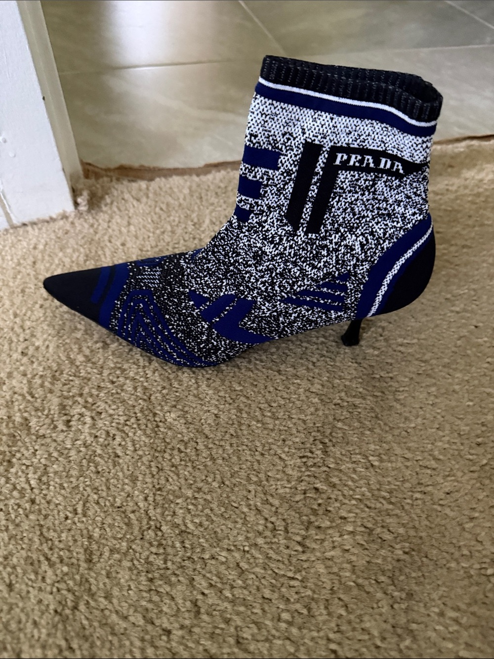 Prada Black and Blue Knit Pointed Sock Bootie